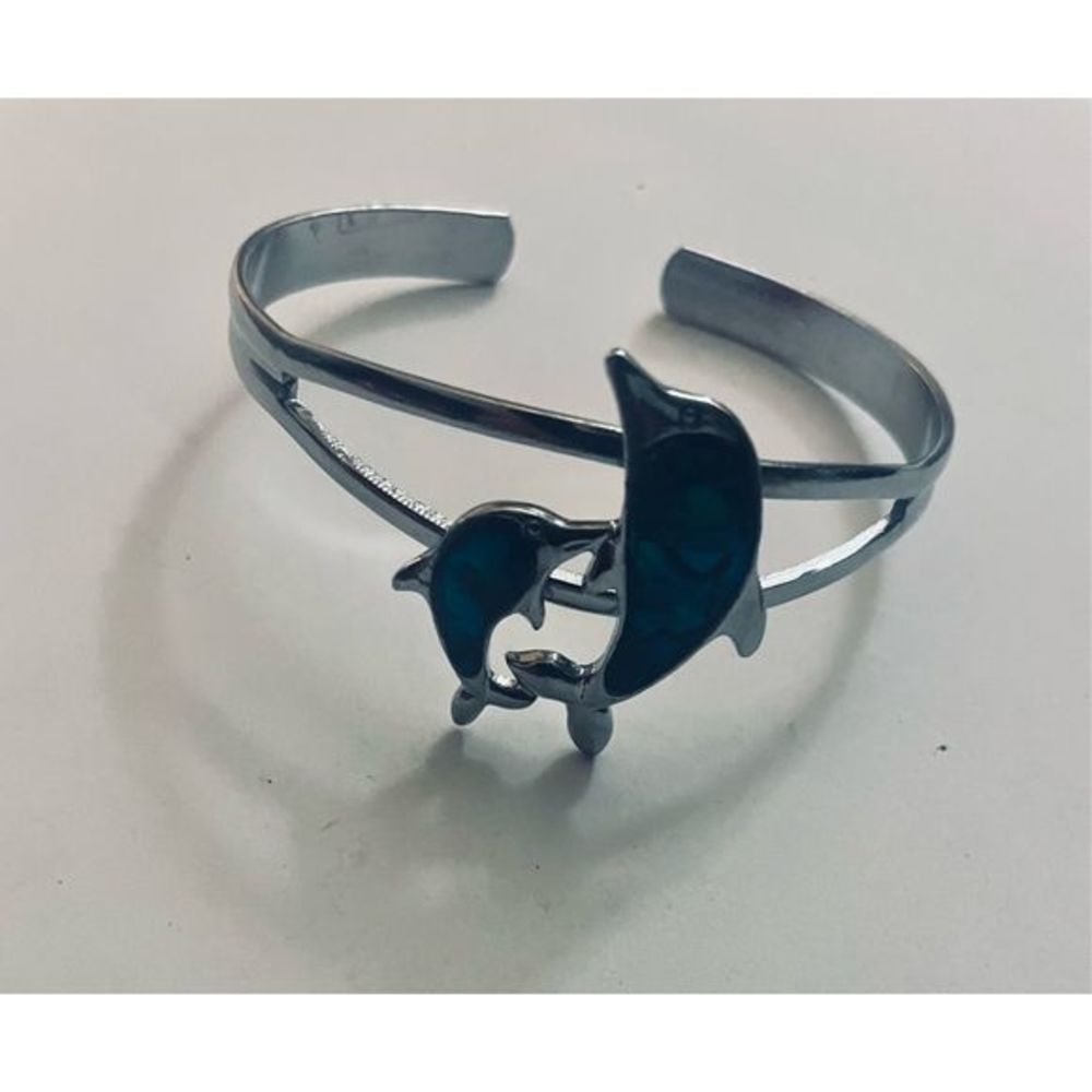 ADORABLE MOM AND BABY BLUE STONE ON SILVER DOLPHIN BRACELET